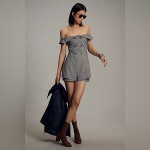 Anthropologie Maeve Off-The-Shoulder Button-Front Menswear Plaid Romper 6 Gray